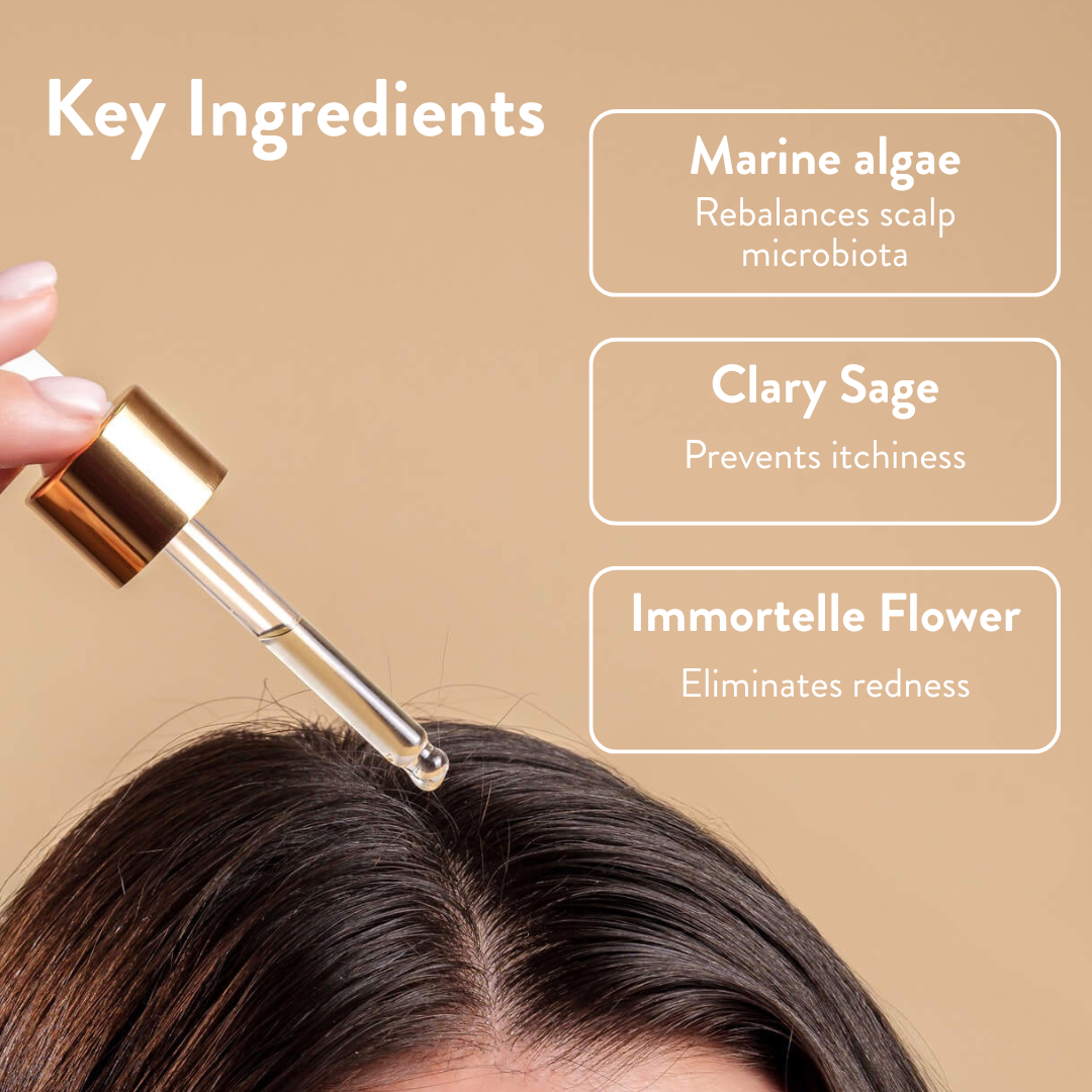 HairKind Calming Scalp Serum application guide showing 3-step process for optimal scalp health
