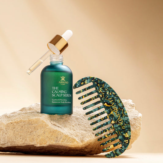 HairKind Serum and Comb Bundle on marble - complete natural scalp care routine for sensitive skin