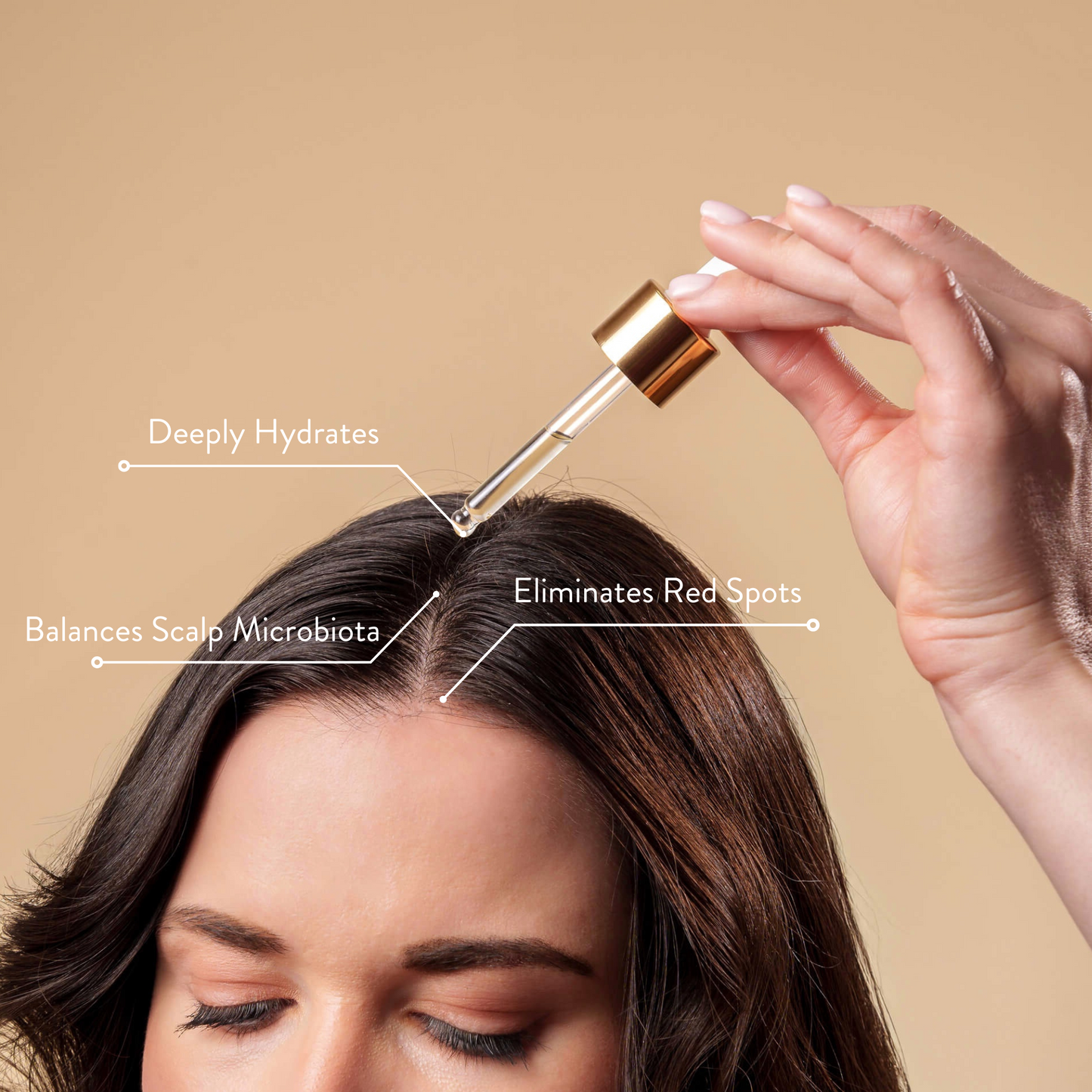 Woman applying HairKind Calming Scalp Serum directly to scalp for seborrheic dermatitis relief