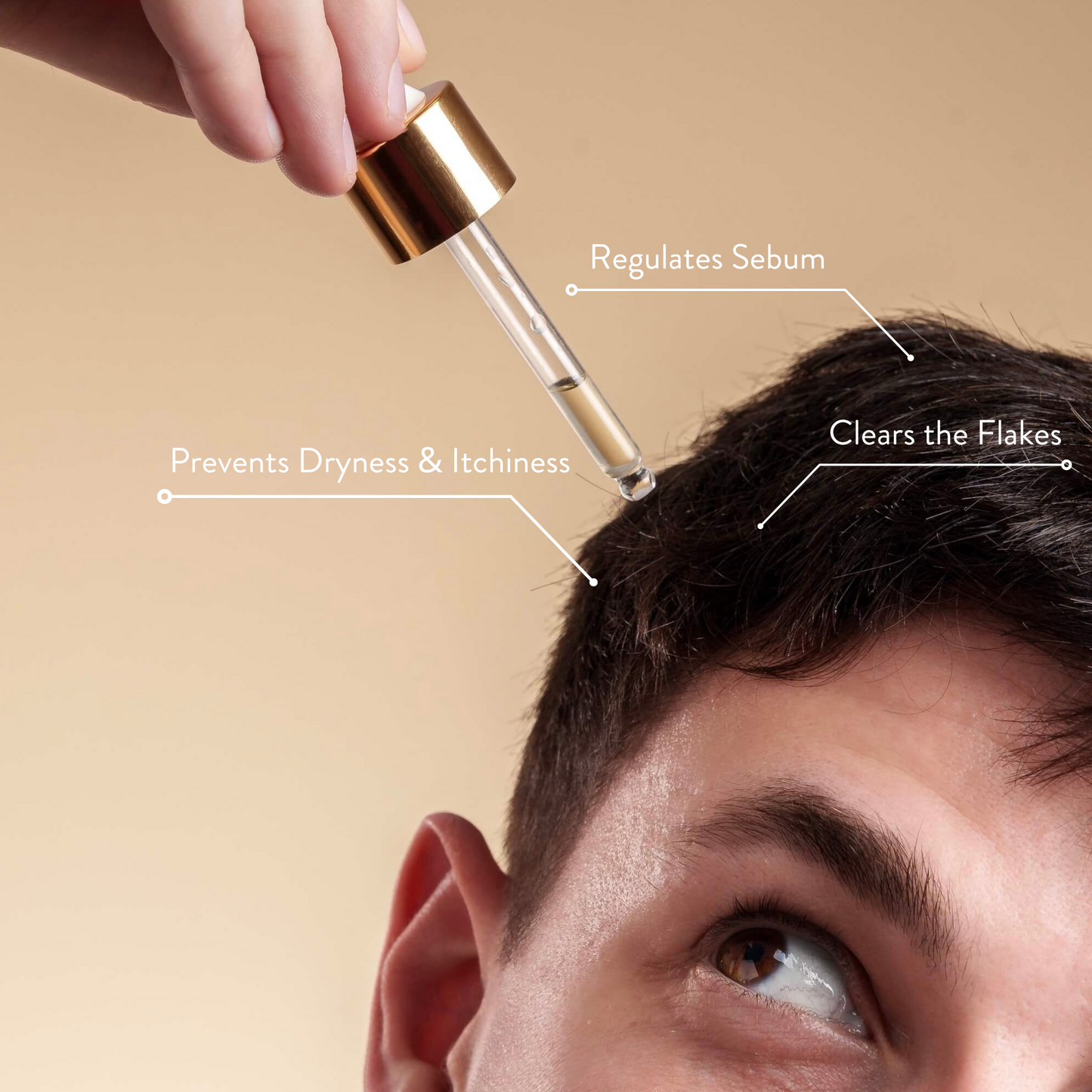 Man massaging HairKind Calming Scalp Serum into scalp for dandruff and irritation treatment