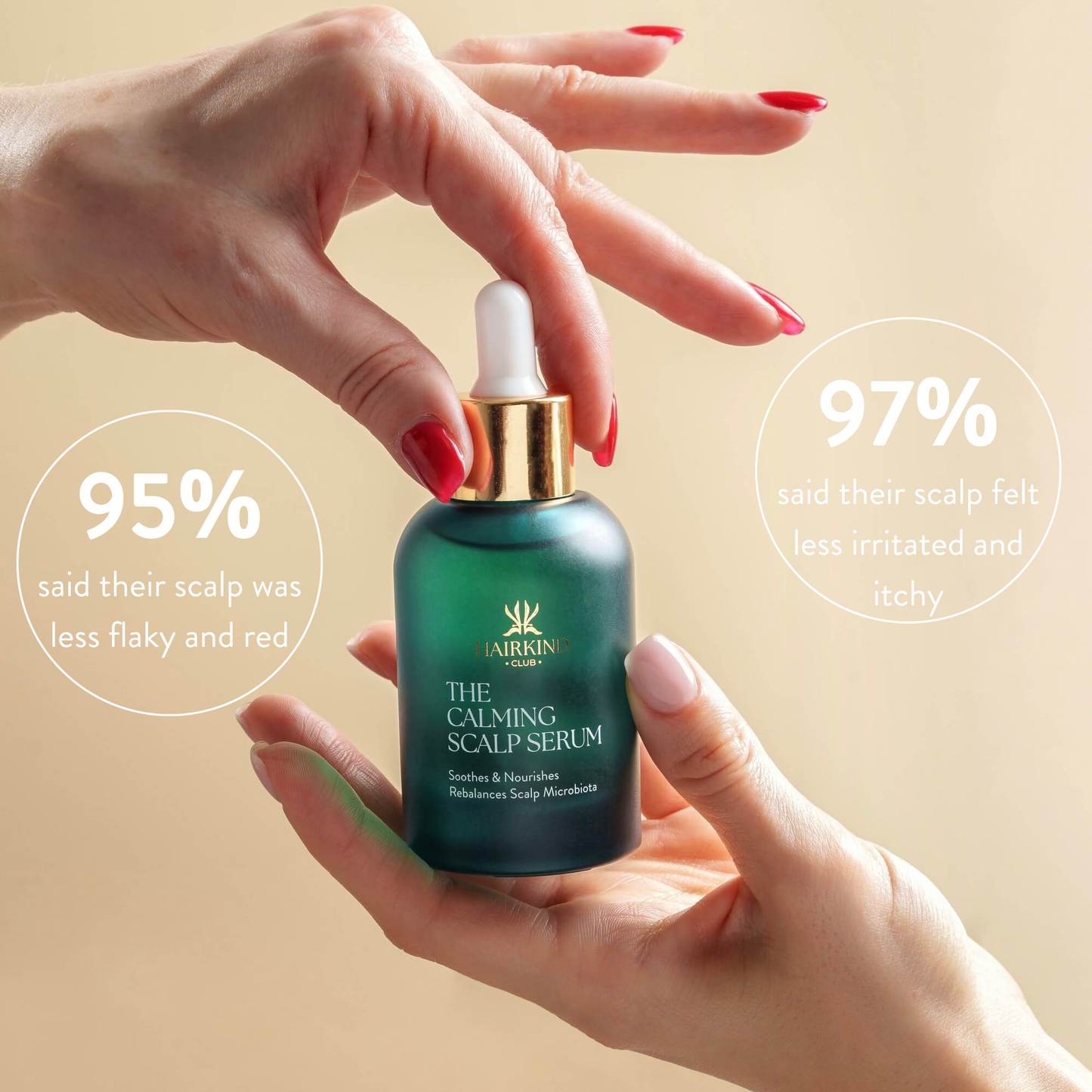 HairKind Club Calming Scalp Serum bottle held in hands – 97% less irritation, 95% reduced flakiness