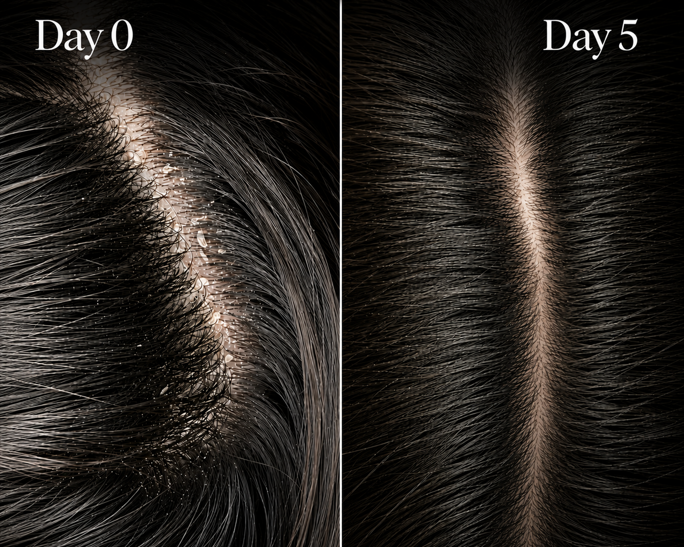 Day 0 and Day 5 scalp comparison showing reduced visible flakes