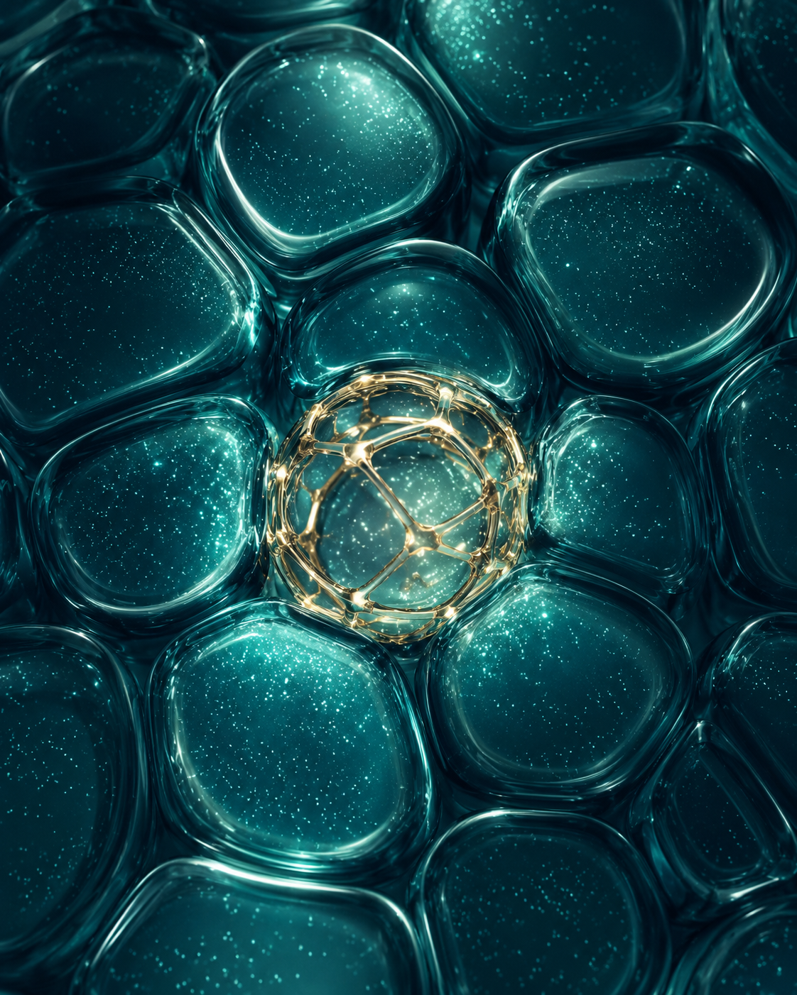 Abstract microscopic scalp microbiome cells in deep teal and gold