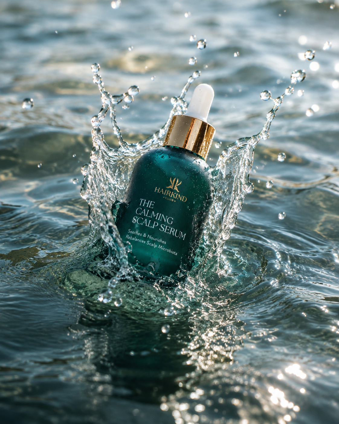 The Calming Scalp Serum bottle splashing in water