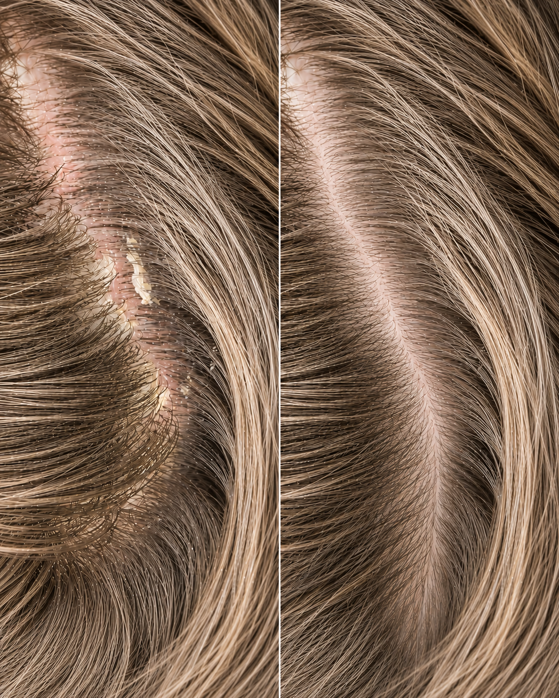 Before and after close-up of scalp improvement