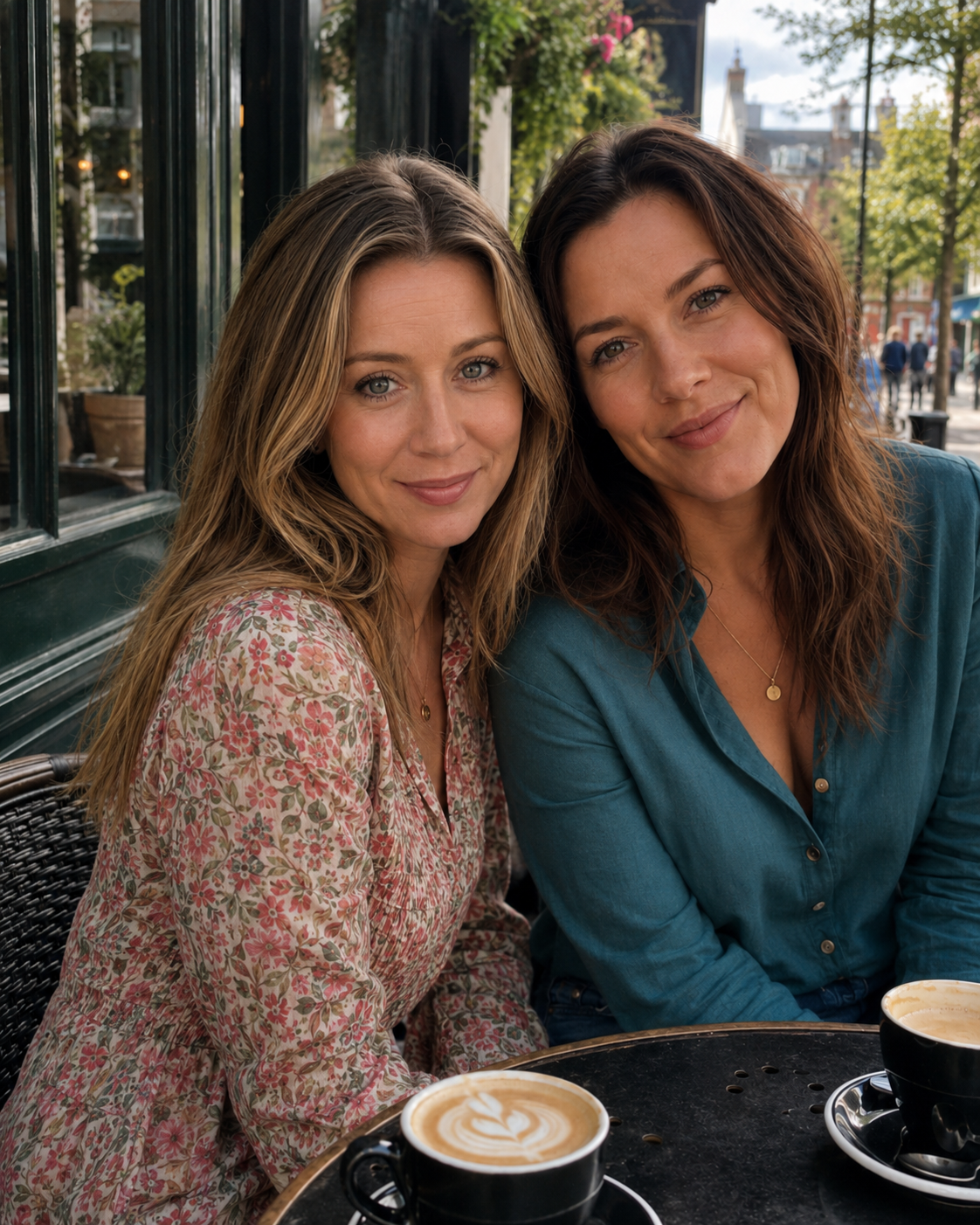 Emily and Steph sitting outside a cafe with coffees